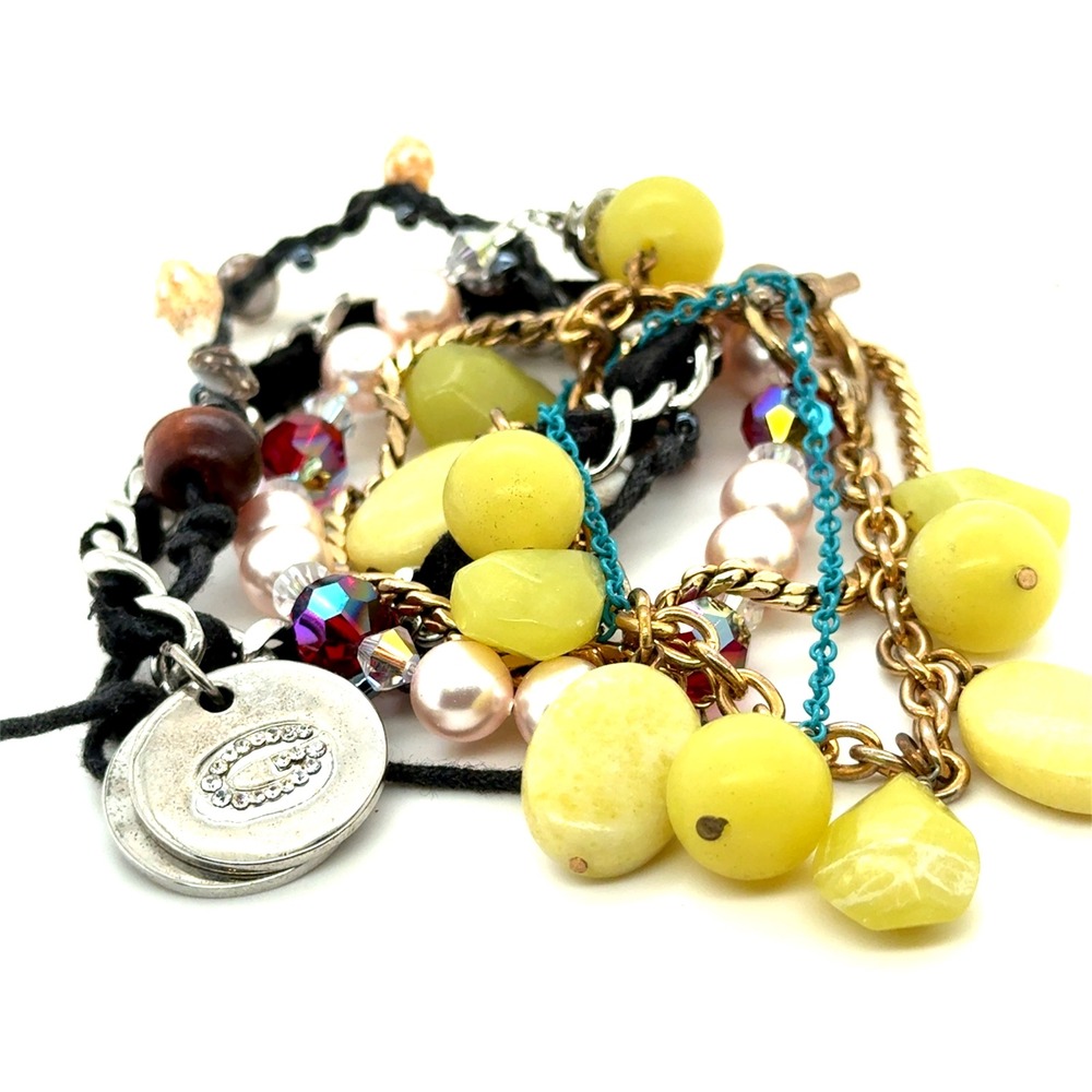 Lot of 6 Fashion Bracelets Yellow Stone Pearl Crystal Gold Tone Eiffel Tower Set